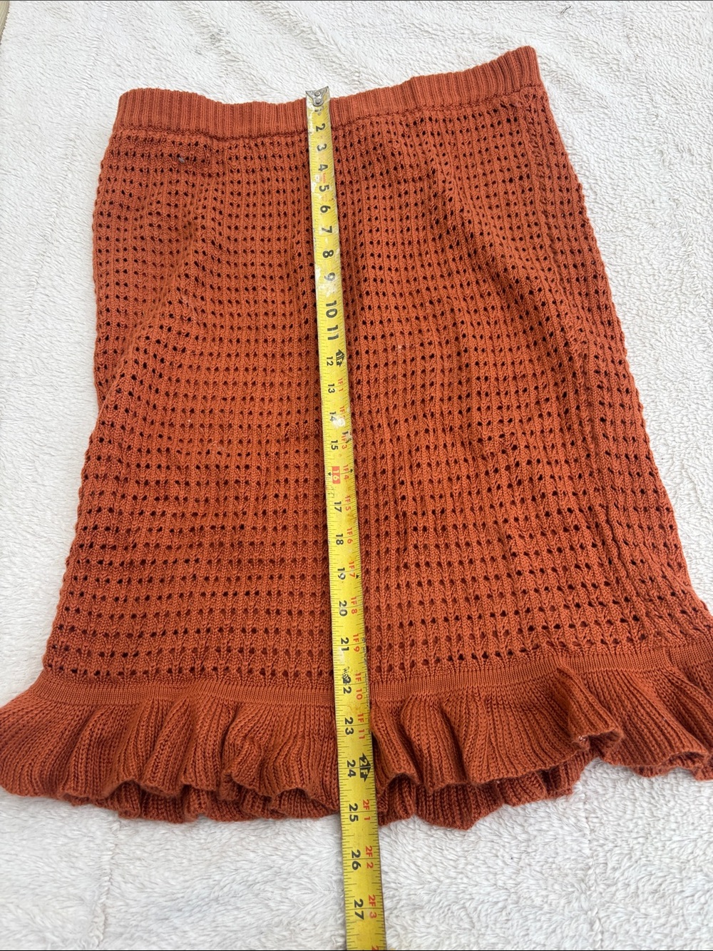 Open-Knit Rust Midi Skirt with Ruffle Hem - Picture 7 of 8